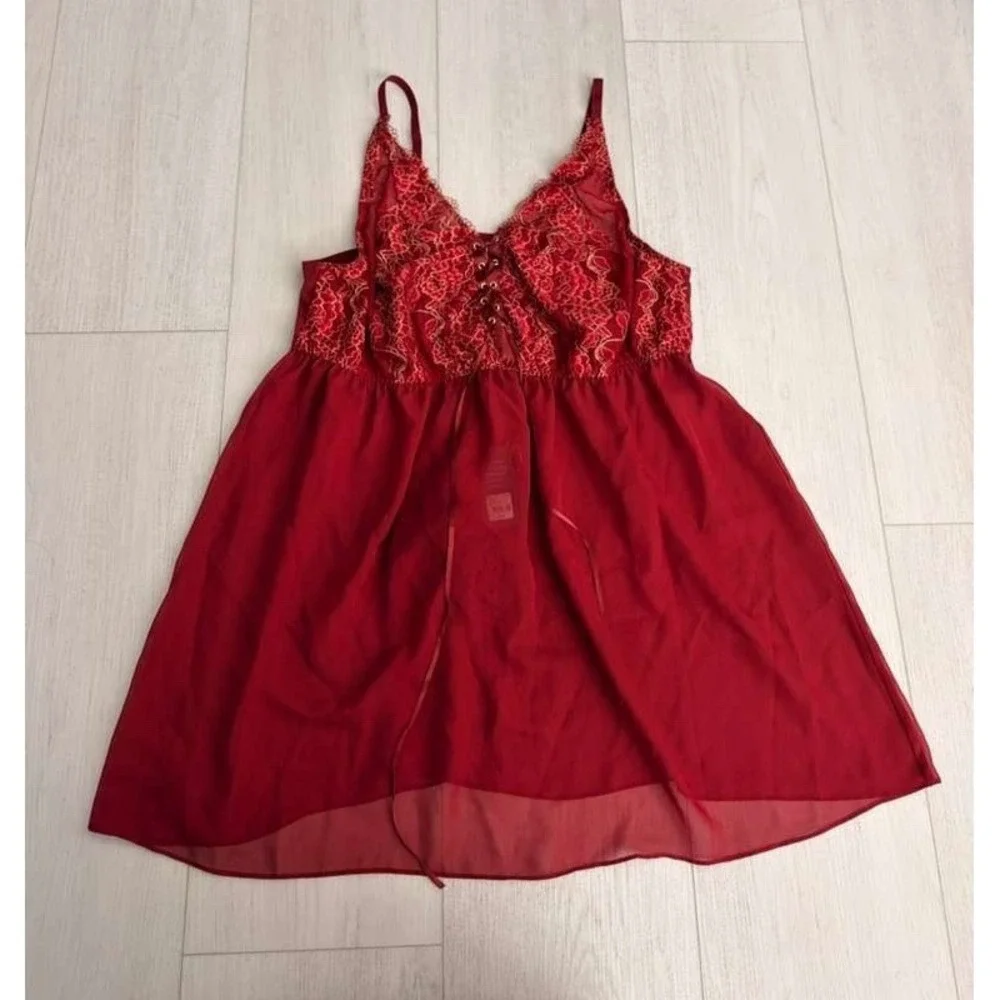 NWT $56‎ Cacique Lingerie Lace Up Babydoll & Thong Set Sz 22/24 Red Sheer